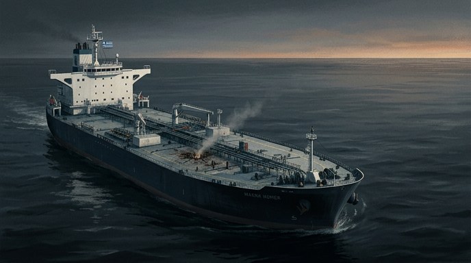 Alt text: Un petrolero con bandera griega en el Mar Negro tiene daños menores en la cubierta y humo tras un ataque.