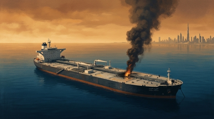 Un petrolero kuwaití en llamas tras un ataque en el mar, con el horizonte de Dubai al fondo.