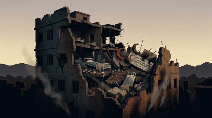 Ilustración de un hospital en ruinas tras un bombardeo, con camas médicas y equipo visible entre los escombros.