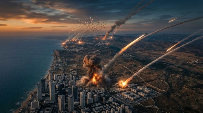 Ataque coordinado con misiles y drones sobre Israel, mostrando impactos en una ciudad costera y fuego cruzado.