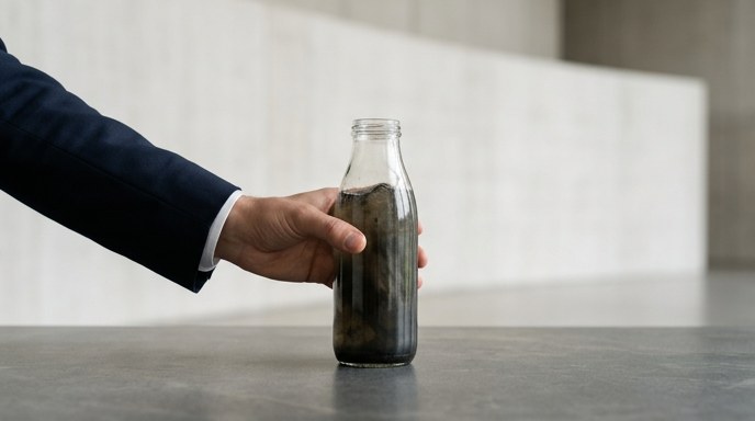 Un primer plano de una mano con traje sosteniendo una botella de agua contaminada sobre una mesa, con un fondo minimalista.