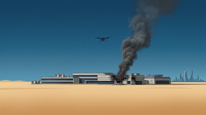 Una ilustración editorial minimalista de un centro de datos en el desierto con humo saliendo tras el ataque de un dron.
