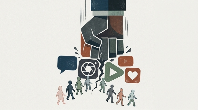 Ilustración de un puño rompiendo símbolos de redes sociales para prohibir el acceso de menores de 16 años.