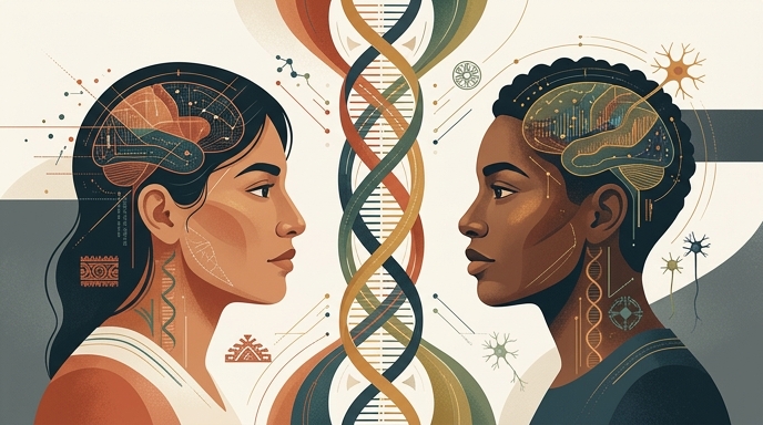 Ilustración editorial que une a dos personas diversas mediante una hélice de ADN, simbolizando la genética universal del autismo.