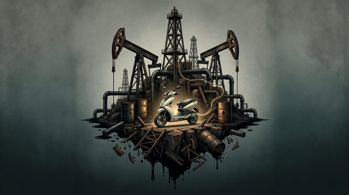 Un scooter eléctrico destaca en el centro de un yacimiento petrolífero en ruinas, simbolizando la transición energética.