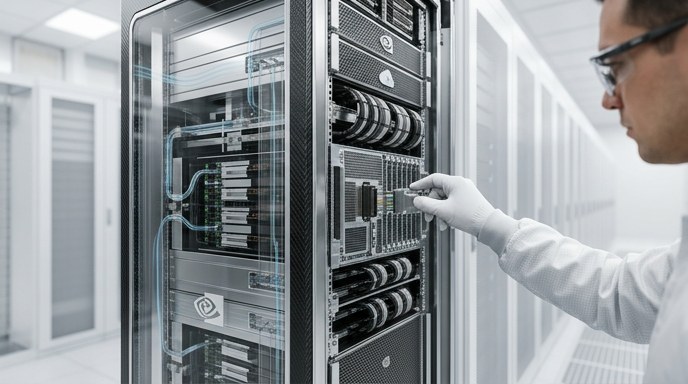 Un técnico con guantes inspecciona un rack de servidores de IA con refrigeración líquida visible en un centro de datos moderno.