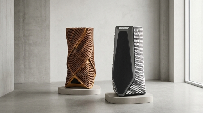 Dos altavoces de diseño futurista, uno con lamas de madera entrelazadas y otro con perlas plateadas, sobre podios.