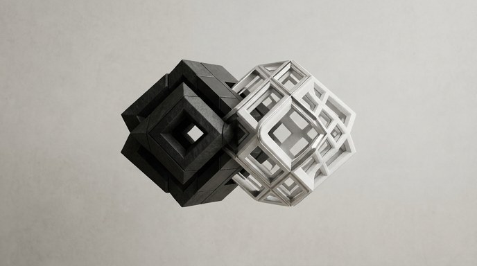 Dos cubos geométricos abstractos entrelazados, uno negro y otro blanco, simbolizando colaboración y seguridad.