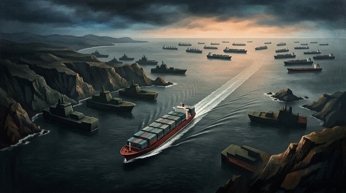 Un buque de carga navega por un estrecho vigilado por barcos de guerra, mientras otros cargueros esperan en el horizonte.