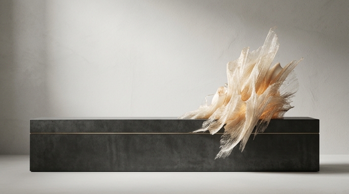 Escultura abstracta que representa la innovación en baterías superando el estándar actual.