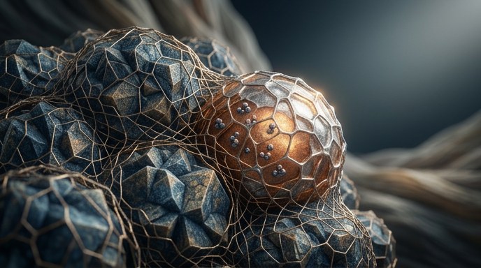 Vista macroscópica de una red nanométrica de sulfuro de circonio atrapando moléculas de oxígeno sobre un cátodo de batería.