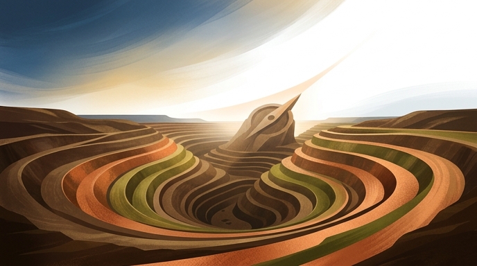Ilustración de una mina a cielo abierto con terrazas de colores que convergen en una formación rocosa central con forma de brújula apuntando hacia el cielo.