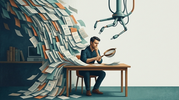Un mantenedor humano está abrumado por una avalancha de informes impresos mientras una mano robótica analiza los datos.