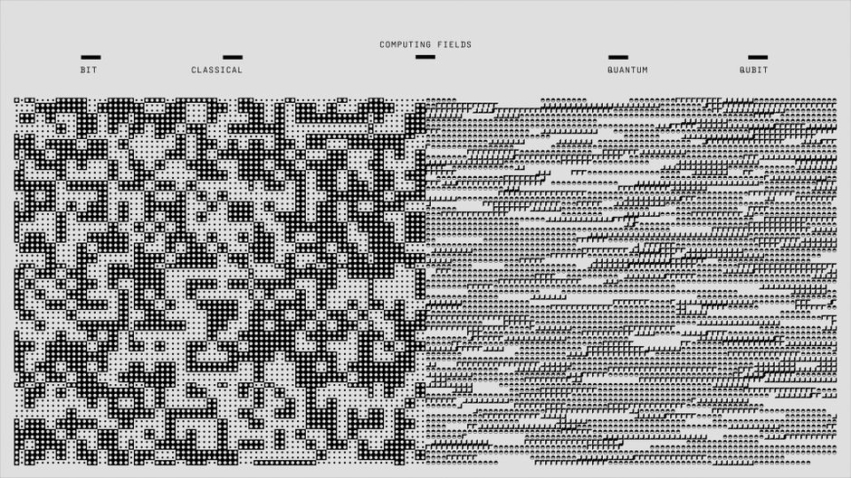 Diseño abstracto que muestra campos de computación con patrones geométricos y binarios en blanco y negro.