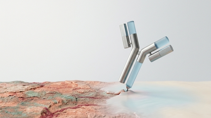 Un anticuerpo elegante de metal y vidrio suaviza una superficie orgánica inflamada, simbolizando el tratamiento para el lupus.