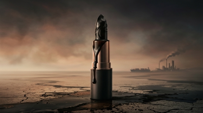 Barra de labios de lujo, formada enteramente de petróleo crudo, gotea sobre un fondo desértico industrial abstracto, representando la crisis de suministro de la industria.