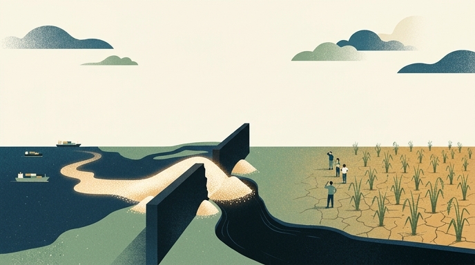 Ilustración editorial de un estrecho marítimo bloqueado donde barcos de carga están detenidos ante barreras negras. En el lado derecho, agricultores observan un campo de cultivo seco y con grietas, representando el impacto en la agricultura global.