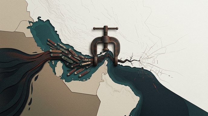 Mapa ilustrado del Estrecho de Ormuz estrangulado por una gran pinza metálica que detiene el flujo de barcos.