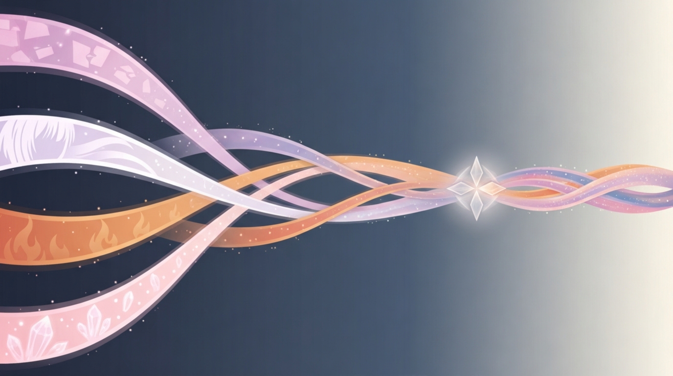 Ilustración de cuatro cintas simbólicas entrelazándose en una estrella, representando la colección Blue Reflection Quartet.