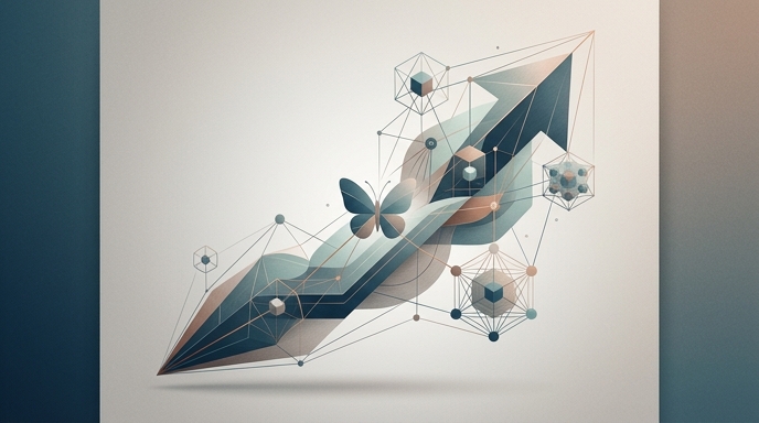 Ilustración editorial minimalista en azul y cobre de una mariposa y flechas ascendentes que simbolizan el crecimiento de Bluesky.