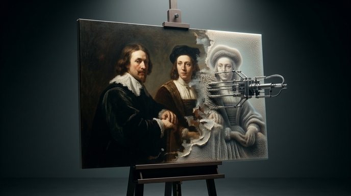 Un brazo robótico transforma un óleo clásico en una textura digital, ilustrando la tensión entre arte humano e IA.