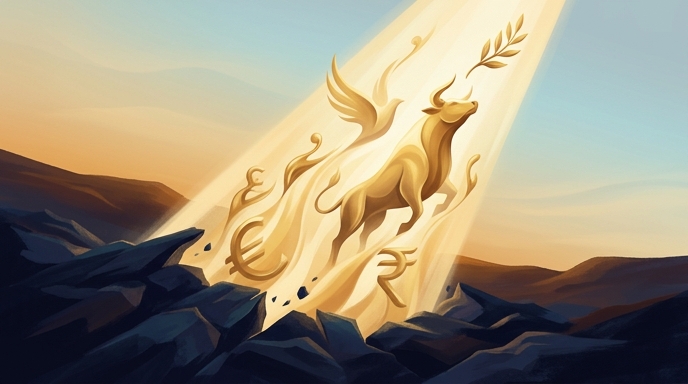 Ilustración de un toro dorado saltando hacia la luz con una rama de olivo, simbolizando el alivio de los mercados.