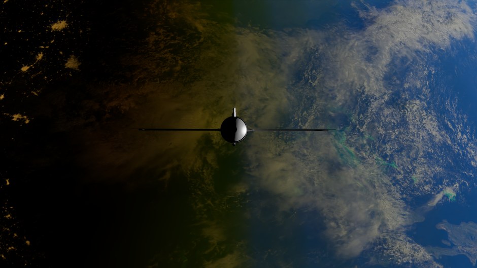 Un satélite que orbita la Tierra que muestra los contrastes entre el océano y la tierra desde el espacio.