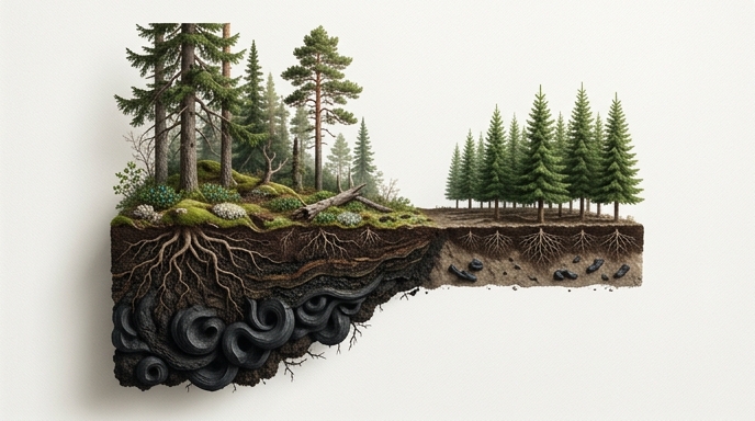 Comparación de suelo de bosque antiguo y plantación, mostrando raíces y carbono orgánico acumulado bajo tierra.