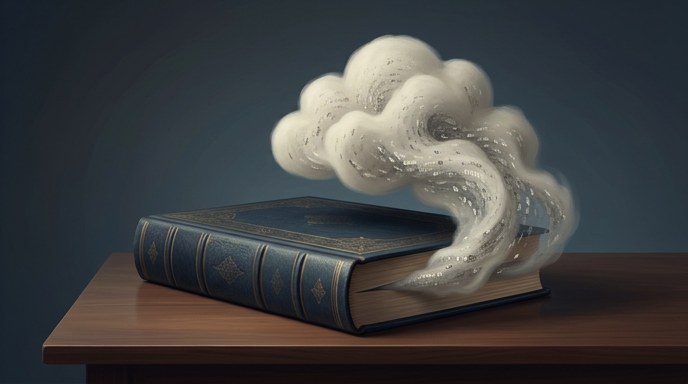 Ilustración editorial de un libro enciclopédico antiguo del que emana vapor digital, simbolizando la extracción de datos de OpenAI.