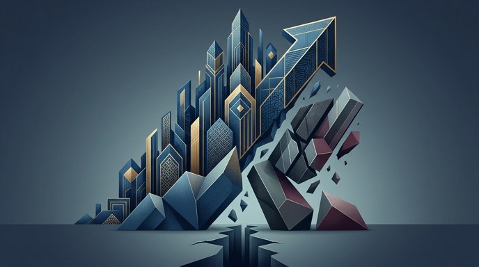 Ilustración editorial estilizada que muestra una estructura arquitectónica geométrica de color azul y dorado ascendente con una flecha hacia arriba, que representa el crecimiento, pero con una base rota y cayendo en un abismo, simbolizando la caída de las acciones de Broadcom y las tensiones del mercado.