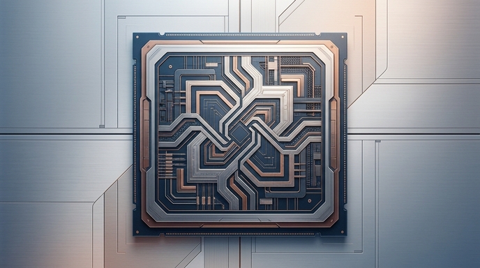 Ilustración de un microchip premium de alto rendimiento sobre una superficie metálica, representando la infraestructura de IA.