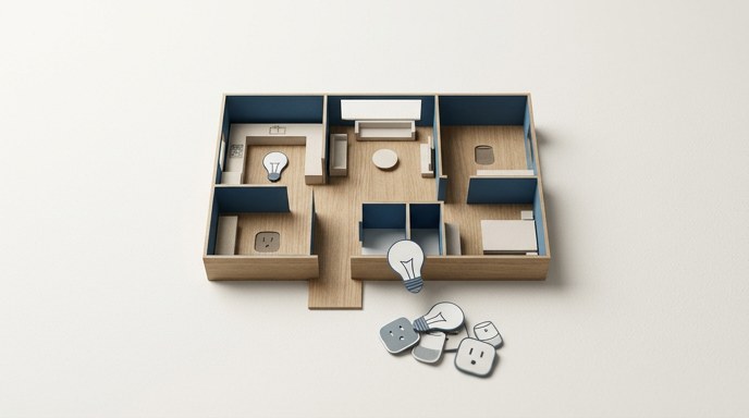 Maqueta de madera de un plano de casa con iconos de luces y enchufes desconectados y acumulados fuera.