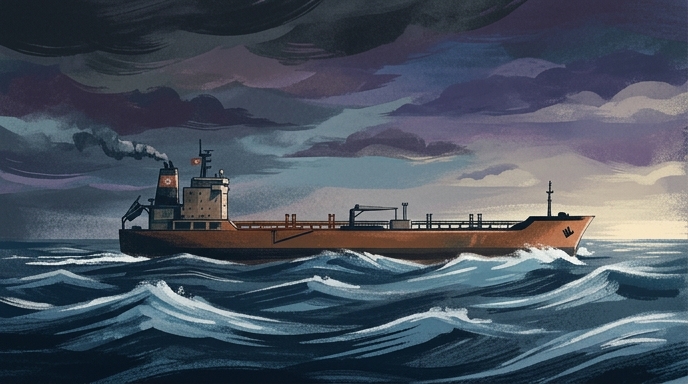 Un buque petrolero navega por el océano Atlántico bajo un cielo nublado y oscuro.