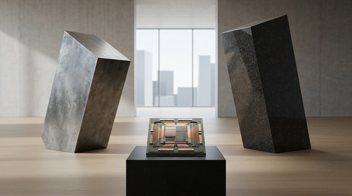 Dos grandes empresas tecnológicas, representadas por estructuras imponentes de metal y piedra, flanquean un chip central en un pedestal.