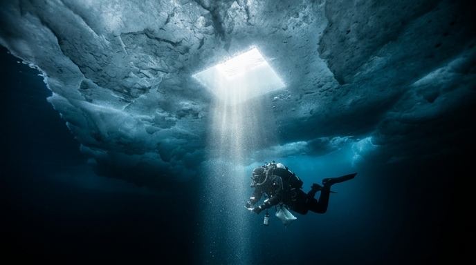 Un buceador científico inspecciona el fondo marino bajo el hielo ártico mientras la luz del sol penetra por un agujero cuadrado.