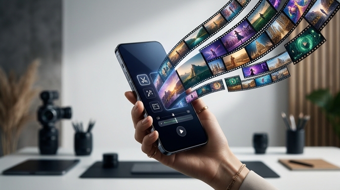 Un flujo de tiras de película fotográfica emergiendo de la pantalla de un smartphone en primer plano.