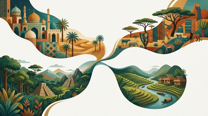 Ilustración editorial que muestra la expansión global de la IA generativa de video en mercados de África, Sudamérica, Medio Oriente y el Sudeste Asiático.