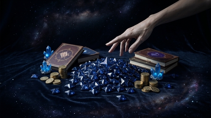 «Una mano elegante alcanza un montón de Primogemas estrelladas, monedas de Mora y libros en un espacio oscuro y cósmico.»