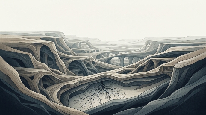 Un primer plano conceptual de una estructura profunda con una intrincada red parasitaria creciendo sigilosamente en sus cimientos.