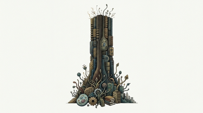 Ilustración editorial minimalista que muestra una estructura vertical que fusiona células, engranajes, libros y edificios sobre fondo blanco.