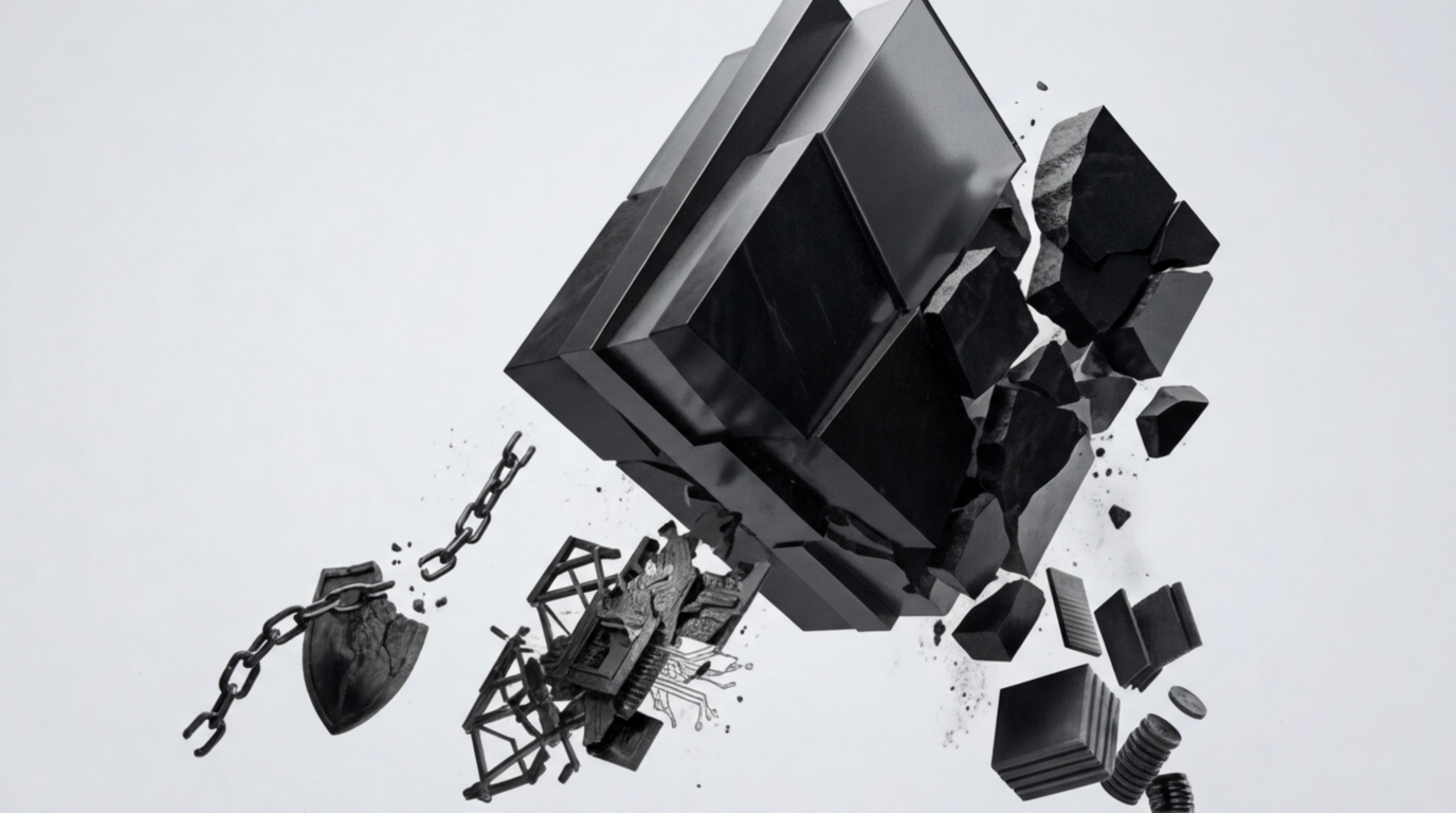 Ilustración de un monolito negro desmoronándose bajo presión sobre fondo blanco.