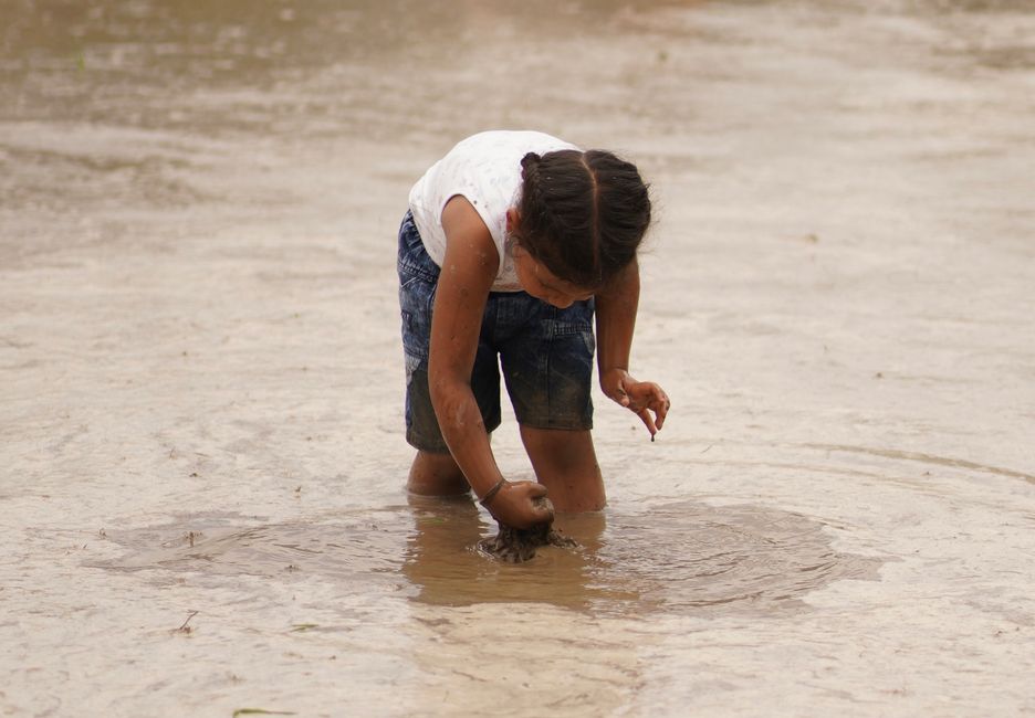 Un niño pequeño explorando y jugando en un charco de barro al aire libre, disfrutando de la naturaleza.