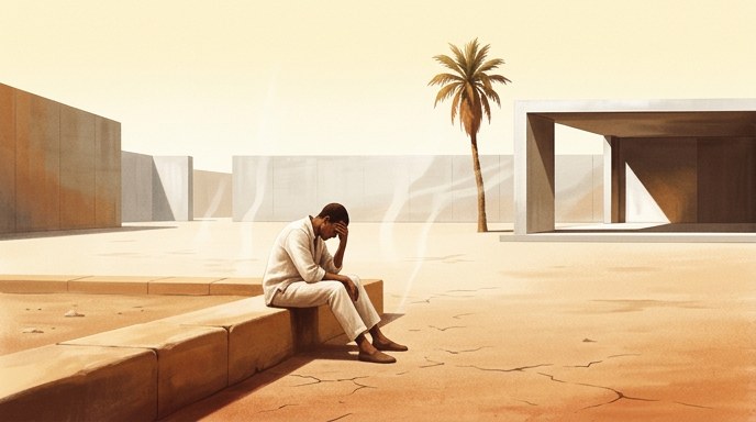 Un hombre sentado en un entorno desértico y caluroso, representando la inactividad física debido al aumento de las temperaturas globales.