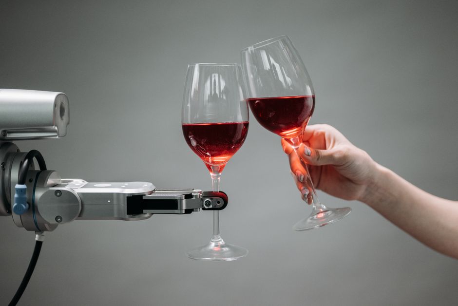 Un robot y una mano humana chocando copas de vino tinto, simbolizando tecnología y celebración.