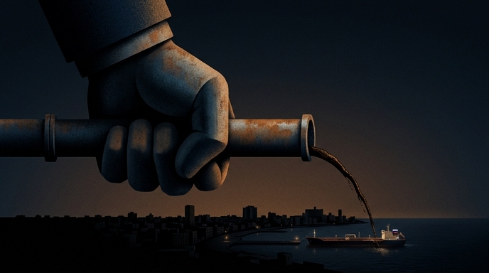 Ilustración de una mano gigante de metal sujetando una tubería de petróleo sobre el malecón de La Habana, Cuba, en la oscuridad.
