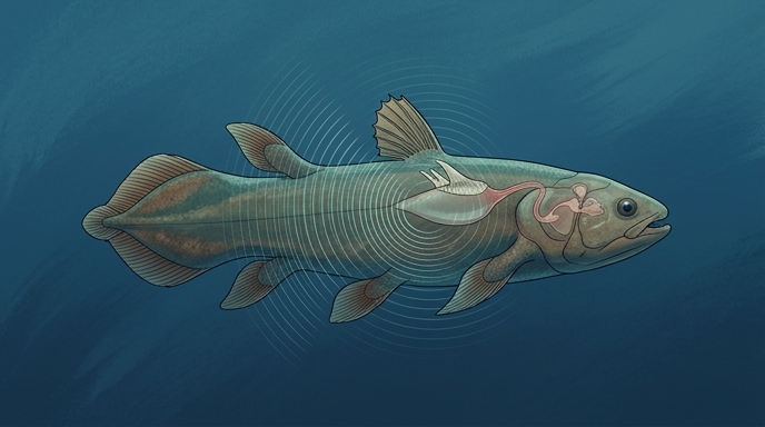 Ilustración de un celacanto con ondas sonoras entrando a su pulmón osificado, mostrando cómo detectaba sonidos.