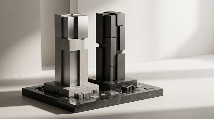 Dos estructuras monolíticas geométricas abstractas, que representan a OpenAI y Anthropic, se alzan sobre una base de mármol negro detallada que simboliza la infraestructura de AWS.