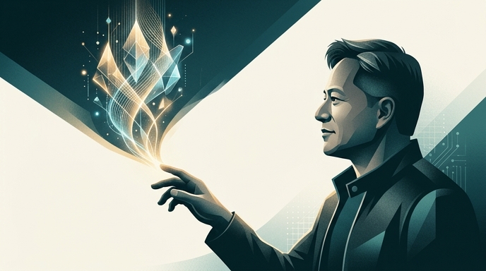 Ilustración editorial de Jensen Huang, CEO de Nvidia, interactuando con un flujo luminoso de datos y formas abstractas que simbolizan la Inteligencia Artificial General (AGI).