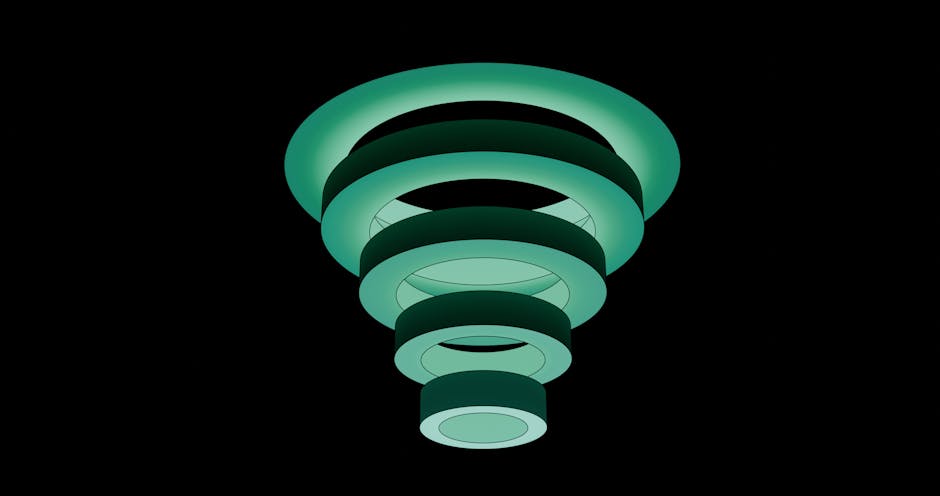 Estructura artística en espiral 3D en tonos verdes sobre un fondo negro sólido, que muestra un diseño abstracto moderno.