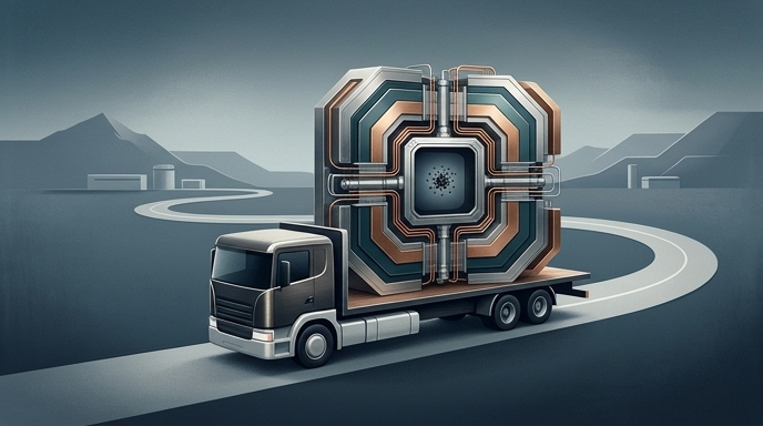 «Una ilustración editorial limpia y sofisticada que muestra un camión de plataforma transportando un dispositivo complejo y geométrico por una carretera sinuosa en un paisaje minimalista. El dispositivo representa la trampa de antimateria de 1000 kg diseñada por el CERN para transportar antiprotones por carretera, con un interior detallado que sugiere un entorno de vacío para contener la antimateria.»